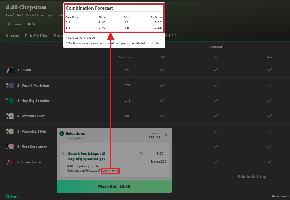 Bet365 reverse forecast bet slip displaying a breakdown of the two potential winning combinations & the possible returns for each combination